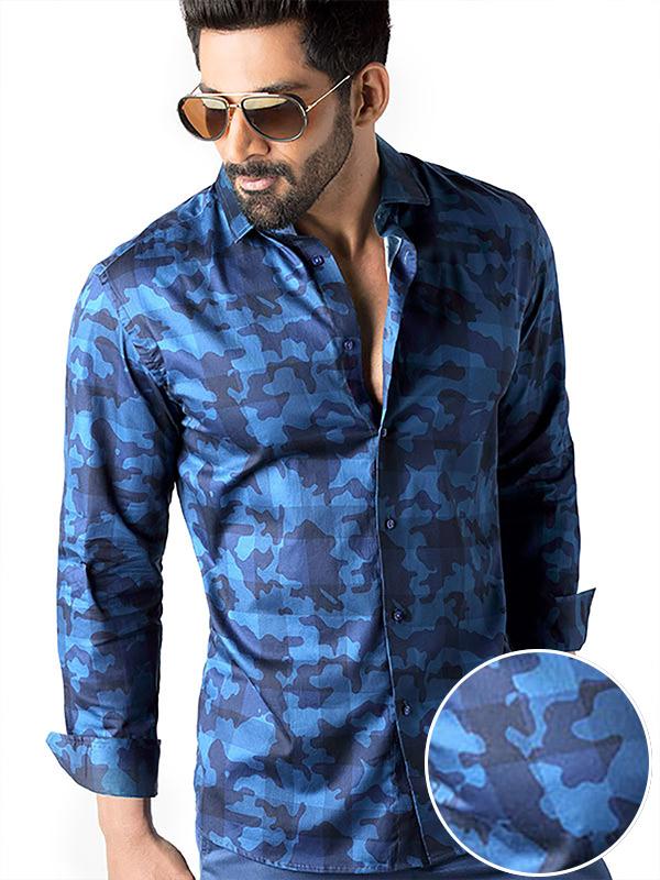 Camarena Navy Printed Full sleeve single cuff Slim Fit  Blended Shirt