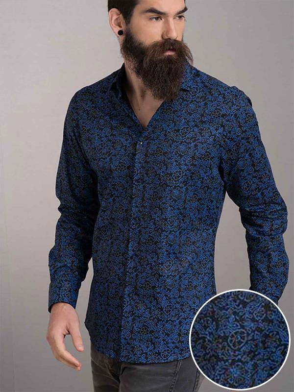 Cemil Black Printed Full sleeve single cuff Slim Fit  Blended Shirt