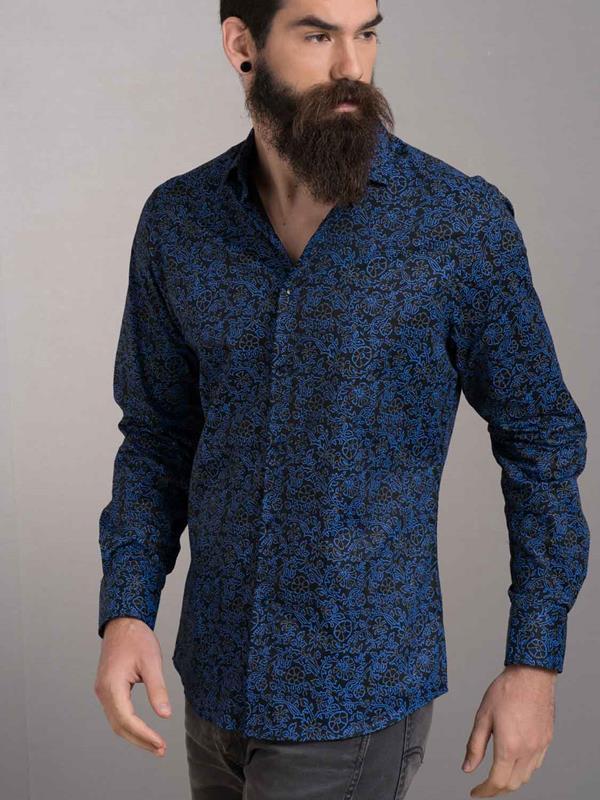 Cemil Blue Printed Full sleeve single cuff Slim Fit  Blended Shirt