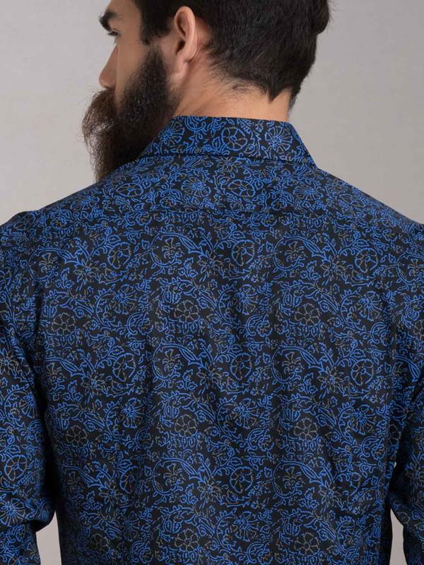 Cemil Blue Printed Full sleeve single cuff Slim Fit  Blended Shirt