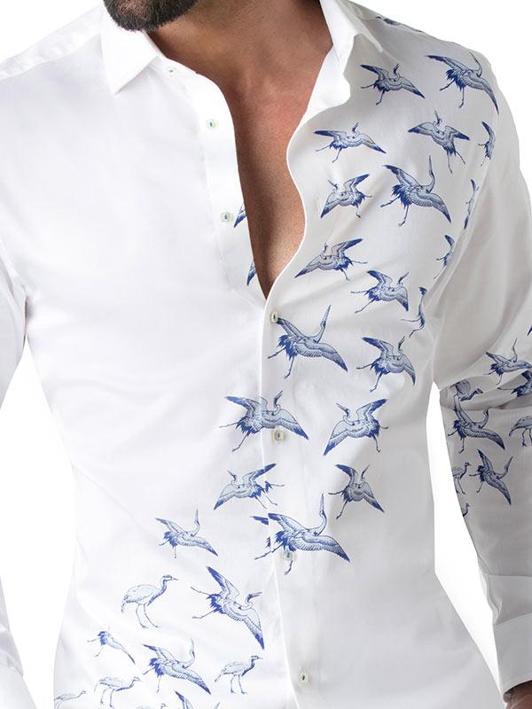 Crane White Printed Full sleeve single cuff Slim Fit  Blended Shirt