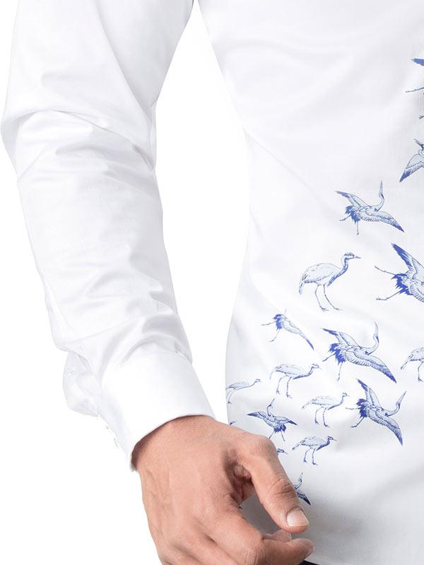 Crane White Printed Full sleeve single cuff Slim Fit  Blended Shirt