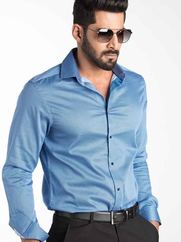 Diego Blue Printed Full sleeve single cuff Slim Fit  Blended Shirt