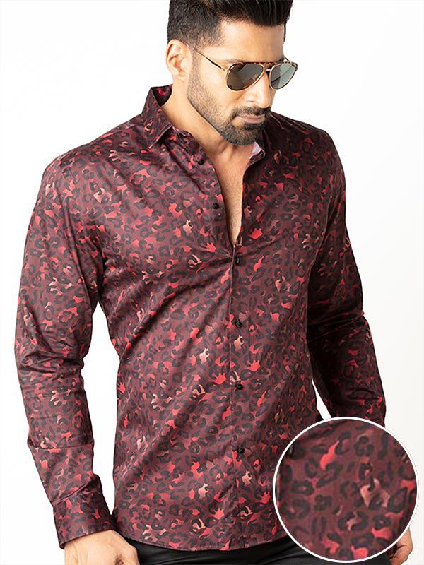 Euron Burgundy Printed Full sleeve single cuff Slim Fit  Blended Shirt