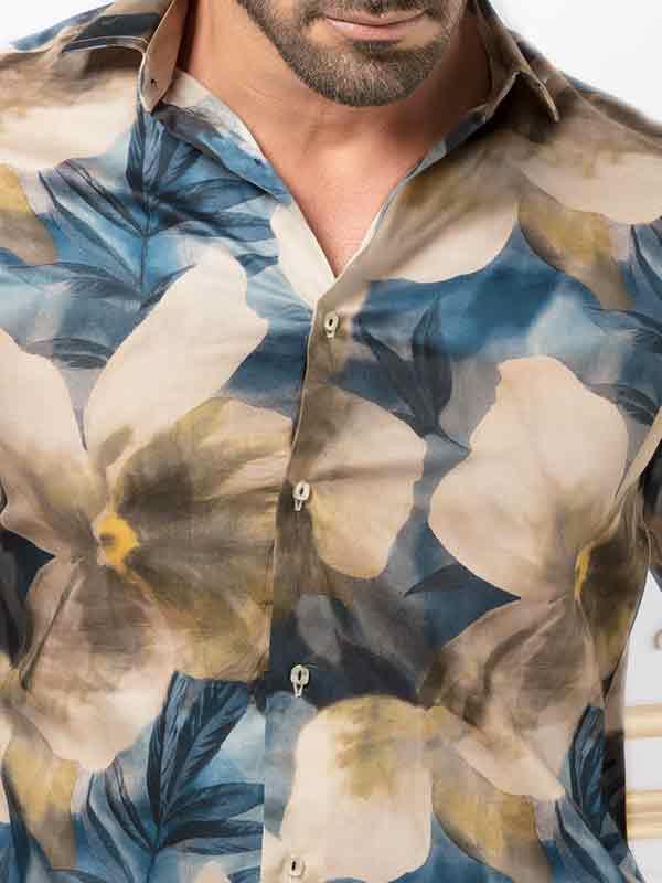 Fabio Cream Printed Full sleeve single cuff Slim Fit  Blended Shirt