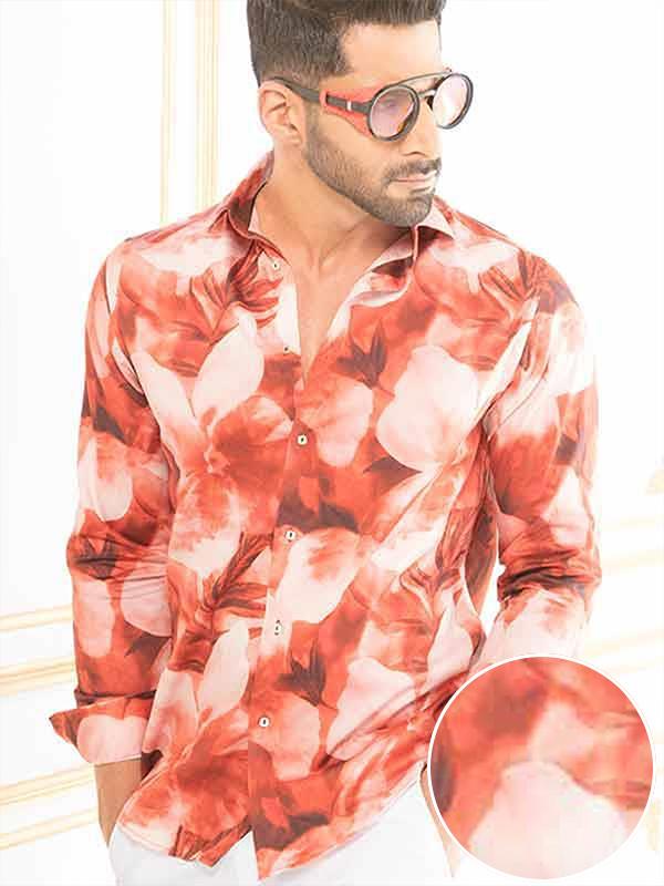Fabio Red Printed Full sleeve single cuff Slim Fit  Blended Shirt