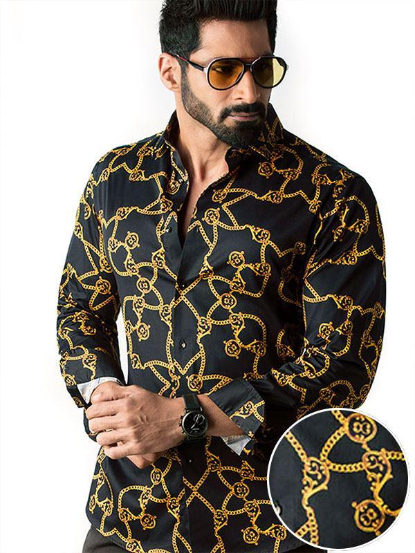 Fifty Black Printed Full sleeve single cuff Slim Fit  Blended Shirt