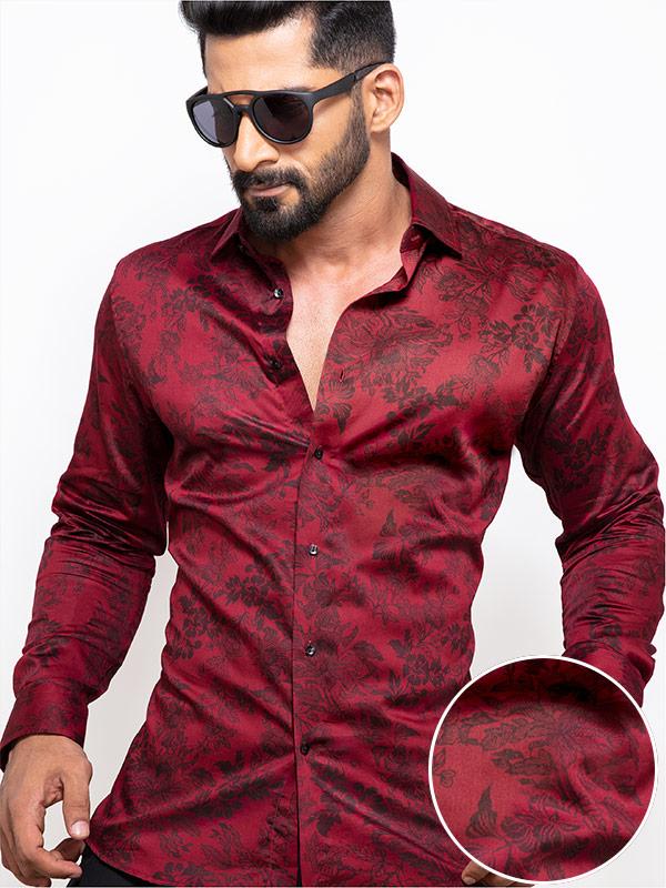 Fonsi Burgundy Printed Full sleeve single cuff Slim Fit  Blended Shirt