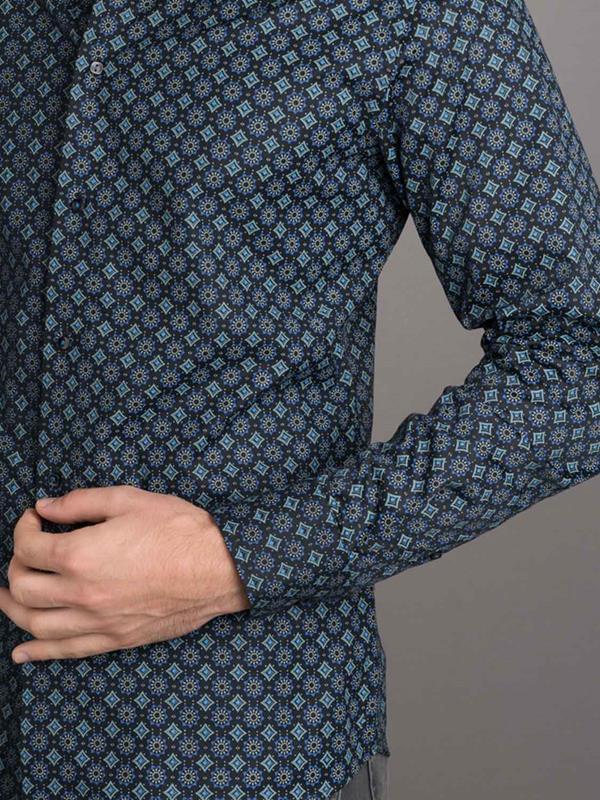 Galata Blue Printed Full sleeve single cuff Slim Fit  Blended Shirt