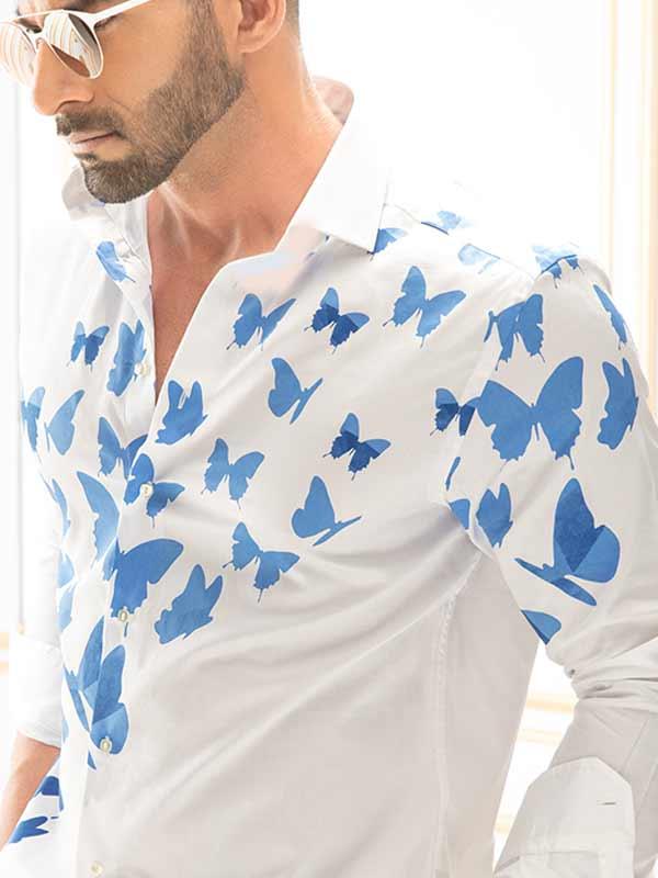 Gilberto White Printed Full sleeve single cuff Slim Fit  Blended Shirt