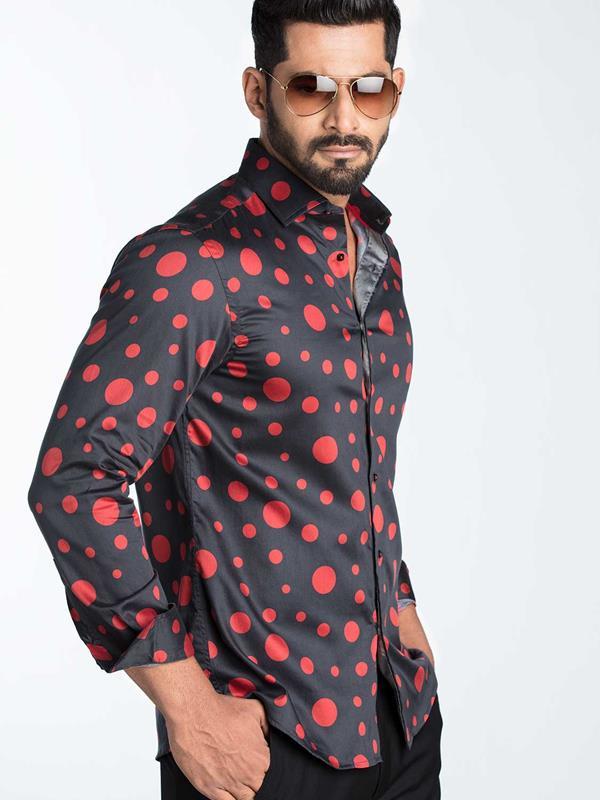Hawtin Red Printed Full sleeve single cuff Slim Fit  Blended Shirt