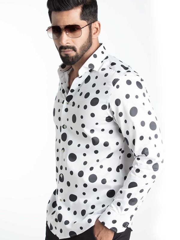 Hawtin White Printed Full sleeve single cuff Slim Fit  Blended Shirt