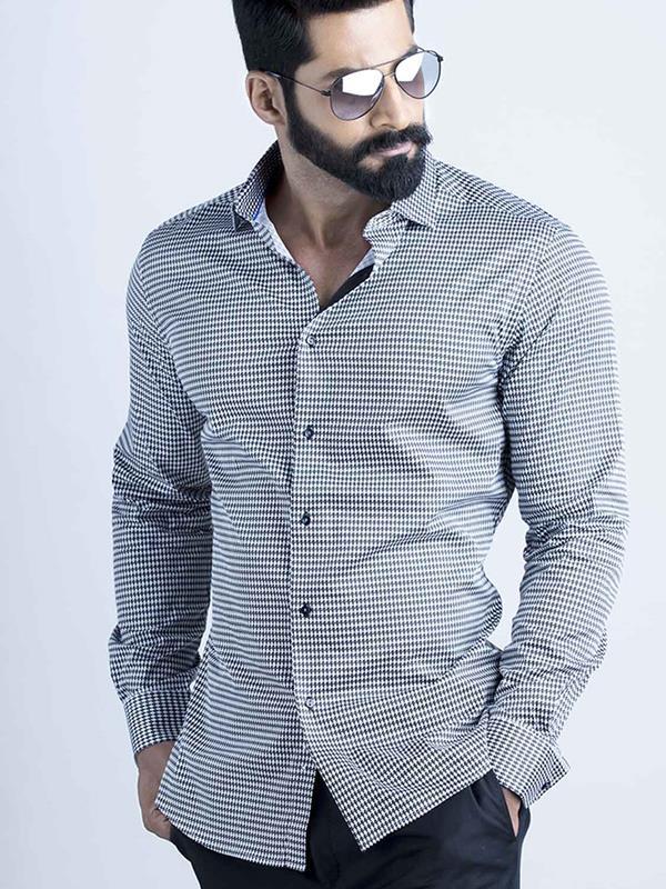 Headhunter Black Printed Full sleeve single cuff Slim Fit  Blended Shirt