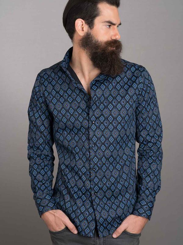 Istanbul Blue Printed Full sleeve single cuff Slim Fit  Blended Shirt