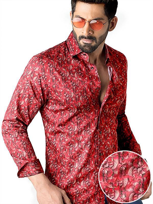 Juarez Red Printed Full sleeve single cuff Slim Fit  Blended Shirt