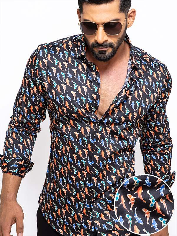 Kois Black Printed Full sleeve single cuff Slim Fit  Blended Shirt