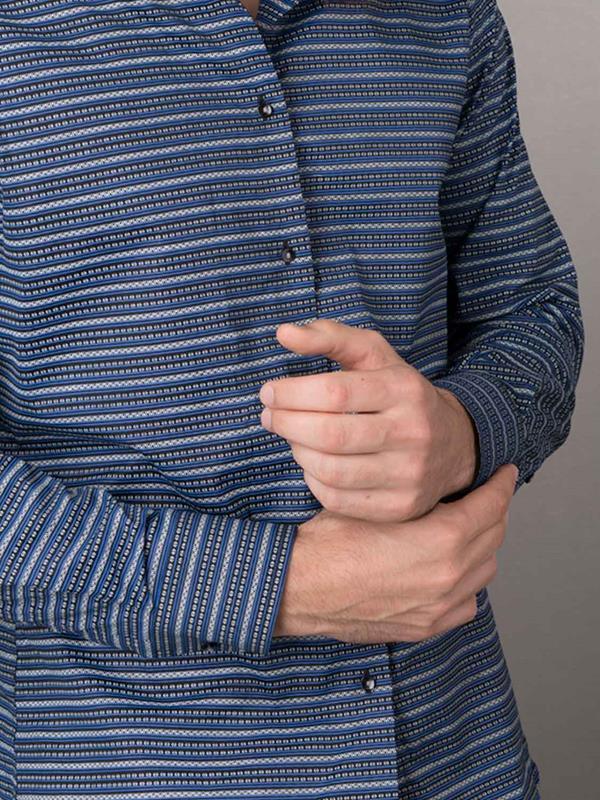 Machu Blue Printed Full sleeve single cuff Slim Fit  Blended Shirt
