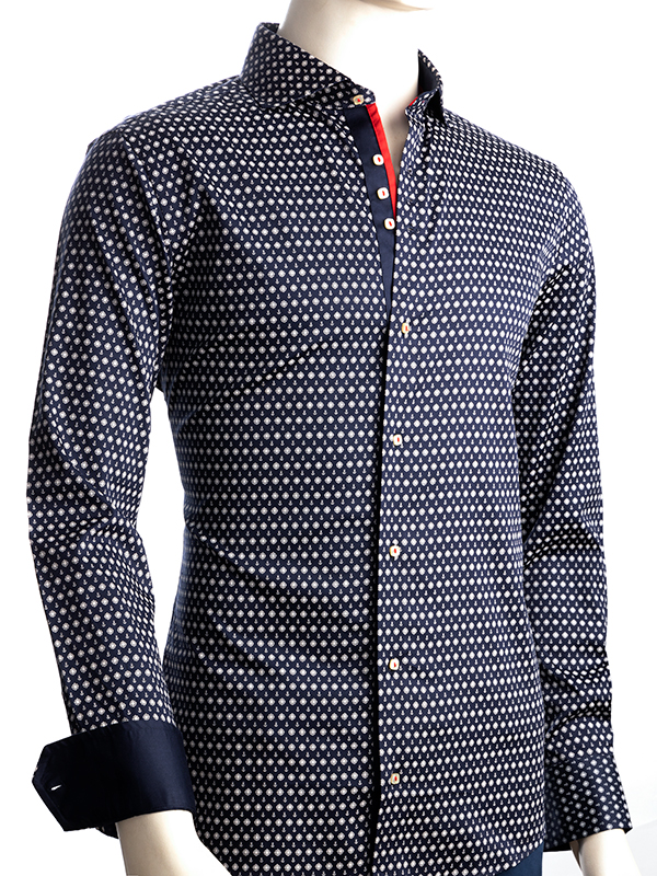 Makai Navy Printed Full Sleeve Single Cuff Slim Fit Blended Shirt