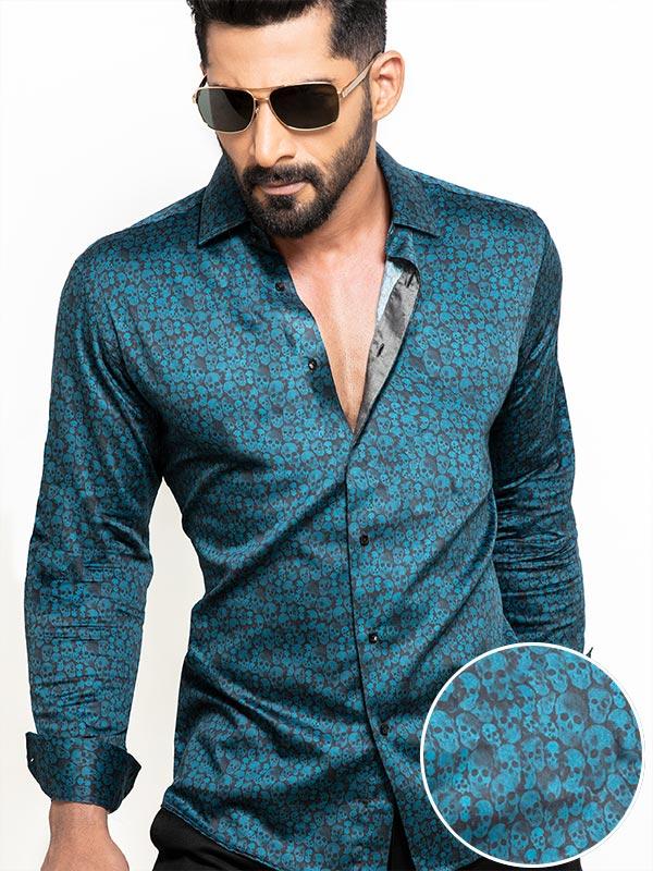 Malone Teal Printed Full sleeve single cuff Slim Fit  Blended Shirt