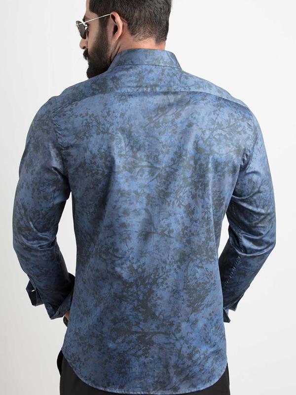 Markus Blue Printed Full sleeve single cuff Slim Fit  Blended Shirt
