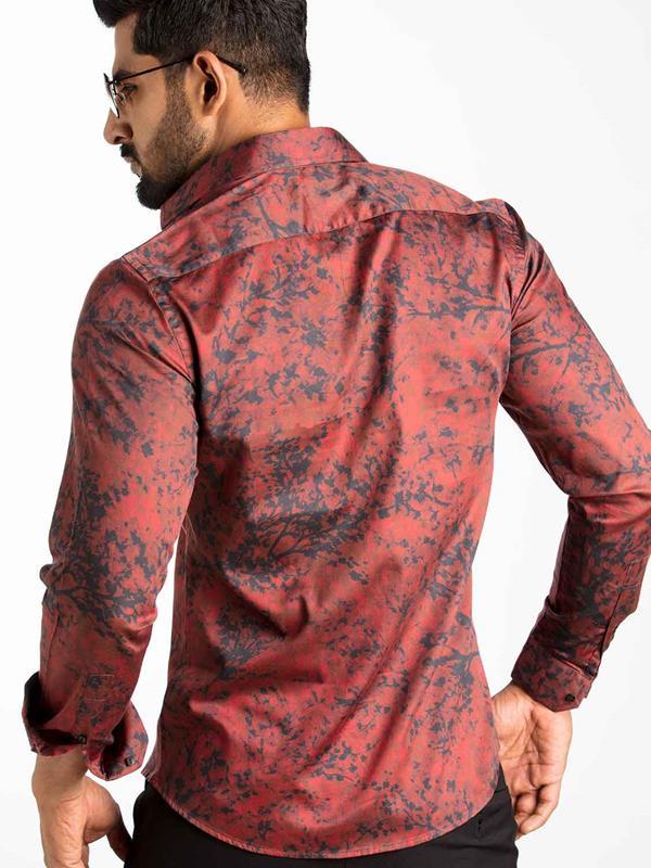 Markus Burgundy Printed Full sleeve single cuff Slim Fit  Blended Shirt
