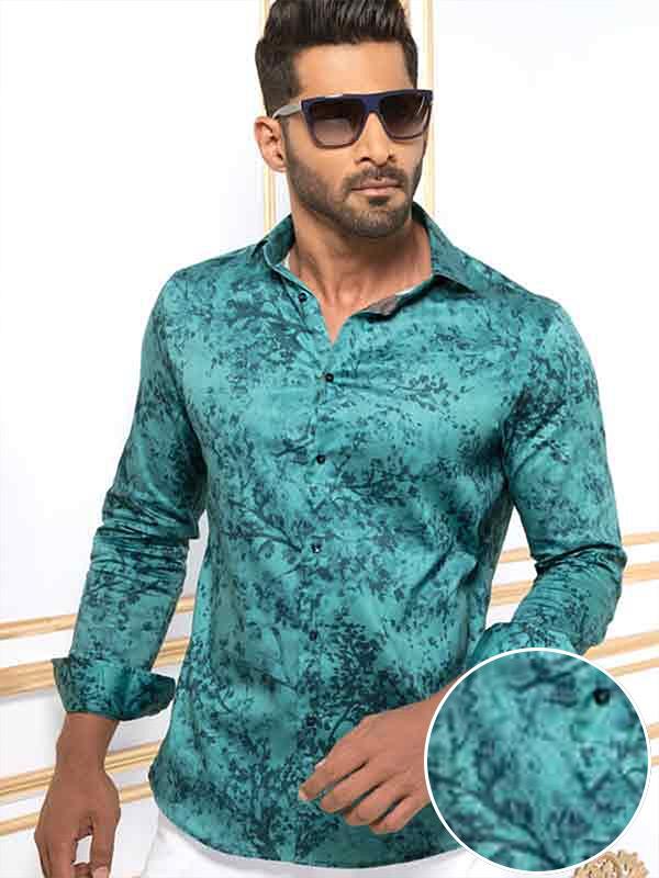Markus Sea Green Printed Full sleeve single cuff Slim Fit  Blended Shirt