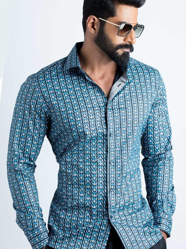 Marlo Blue Printed Full sleeve single cuff Slim Fit  Blended Shirt