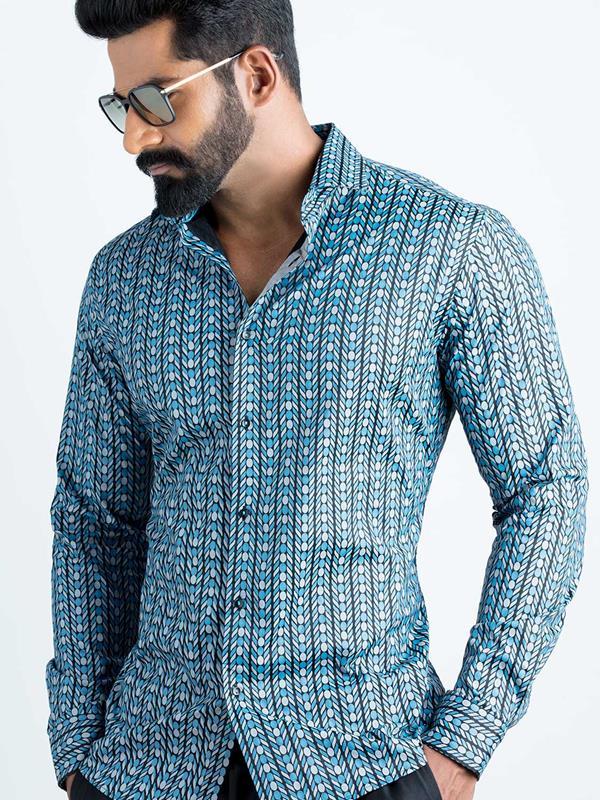 Marlo Blue Printed Full sleeve single cuff Slim Fit  Blended Shirt