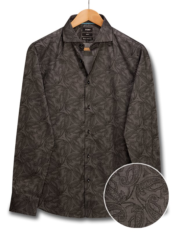 Oscar Dark Grey Printed Full Sleeve Single Cuff Slim Fit Cotton Shirt