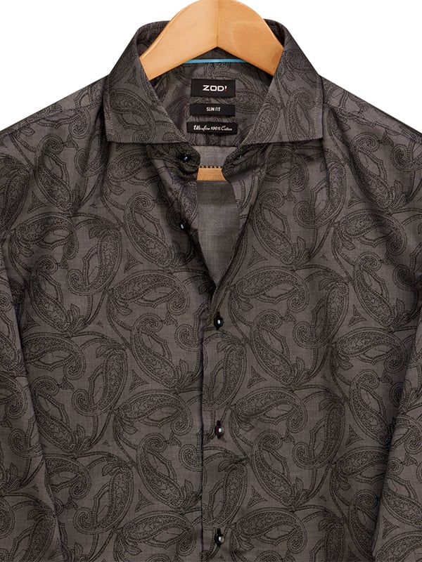 Oscar Dark Grey Printed Full Sleeve Single Cuff Slim Fit Cotton Shirt