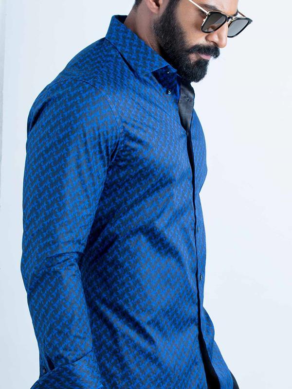Otto Cobalt Printed Full sleeve single cuff Slim Fit  Blended Shirt