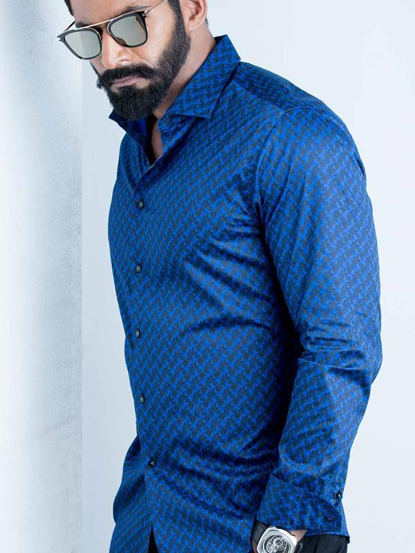 Otto Cobalt Printed Full sleeve single cuff Slim Fit  Blended Shirt