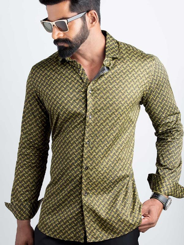 Otto Ochre Printed Full sleeve single cuff Slim Fit  Blended Shirt