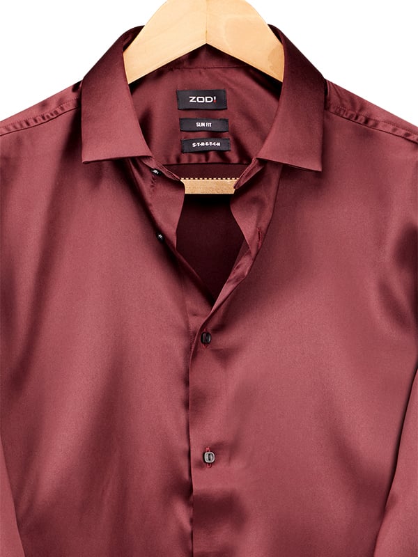 Perez Burgundy High Gloss Satin Stretch Solid Full Sleeve Single Cuff Slim Fit Blended Shirt