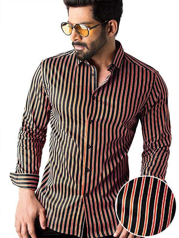 Rafa Orange Striped Full sleeve single cuff Slim Fit  Blended Shirt