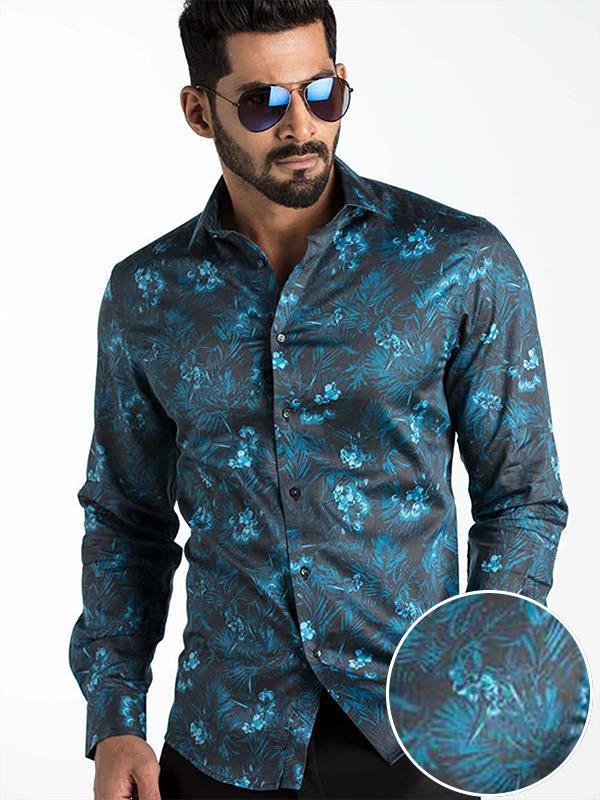 Rayel Blue Printed Full sleeve single cuff Slim Fit  Blended Shirt