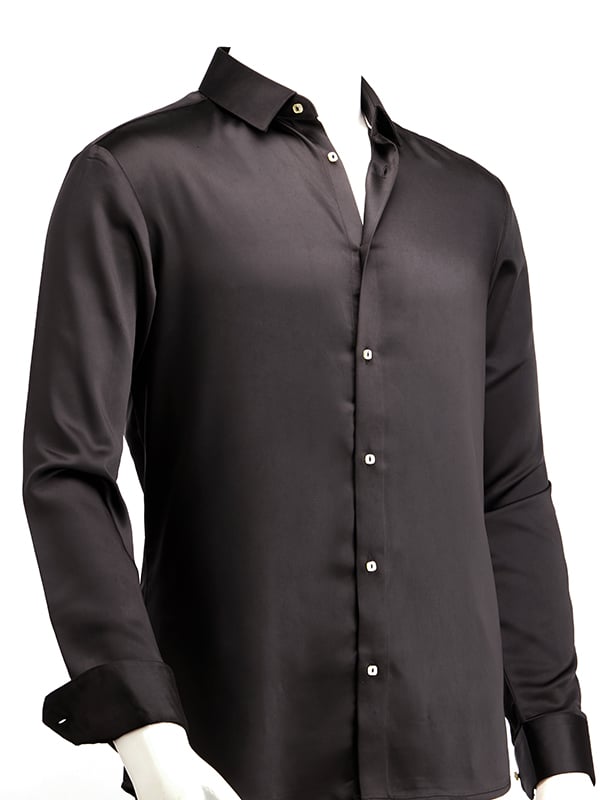Russell Black Satin Full Sleeve Single Cuff Slim Fit Polyester Shirt