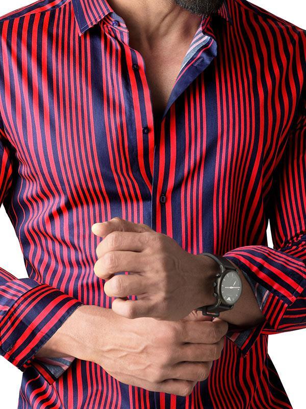 Sinaloa Red Striped Full sleeve single cuff Slim Fit  Blended Shirt