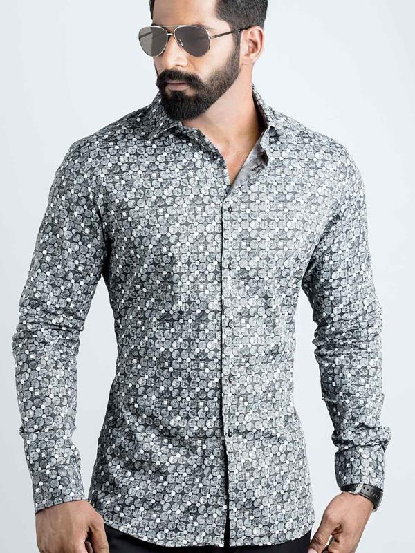 Solomon Black Printed Full sleeve single cuff Slim Fit  Blended Shirt