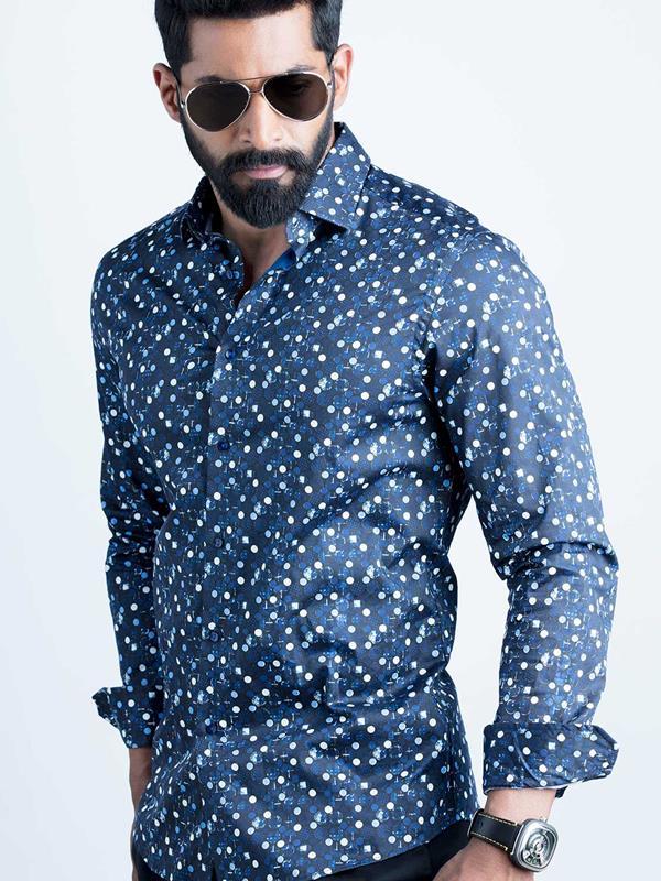Solomon Cobalt Printed Full sleeve single cuff Slim Fit  Blended Shirt