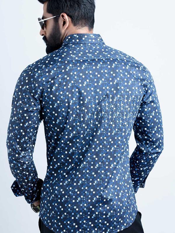 Solomon Cobalt Printed Full sleeve single cuff Slim Fit  Blended Shirt