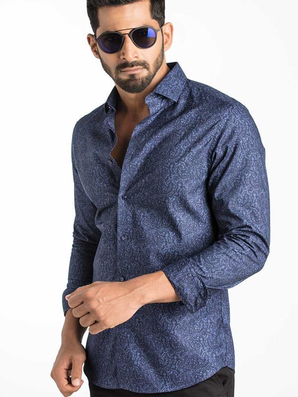 Sparks Blue Printed Full sleeve single cuff Slim Fit  Blended Shirt