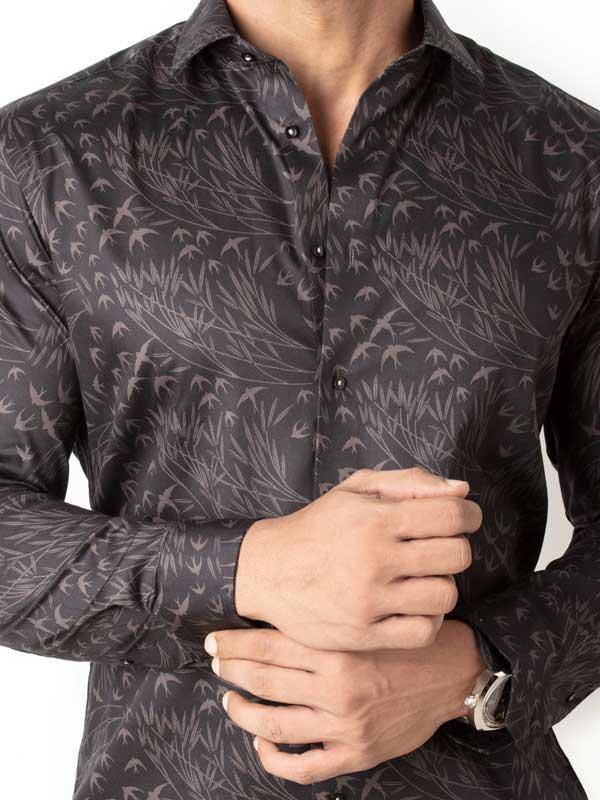 Stannis Brown Printed Full sleeve single cuff Slim Fit  Blended Shirt