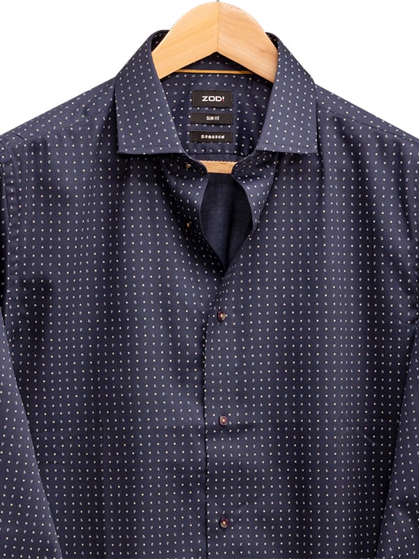 Suada Navy Printed Full Sleeve Single Cuff Slim Fit Blended Shirt