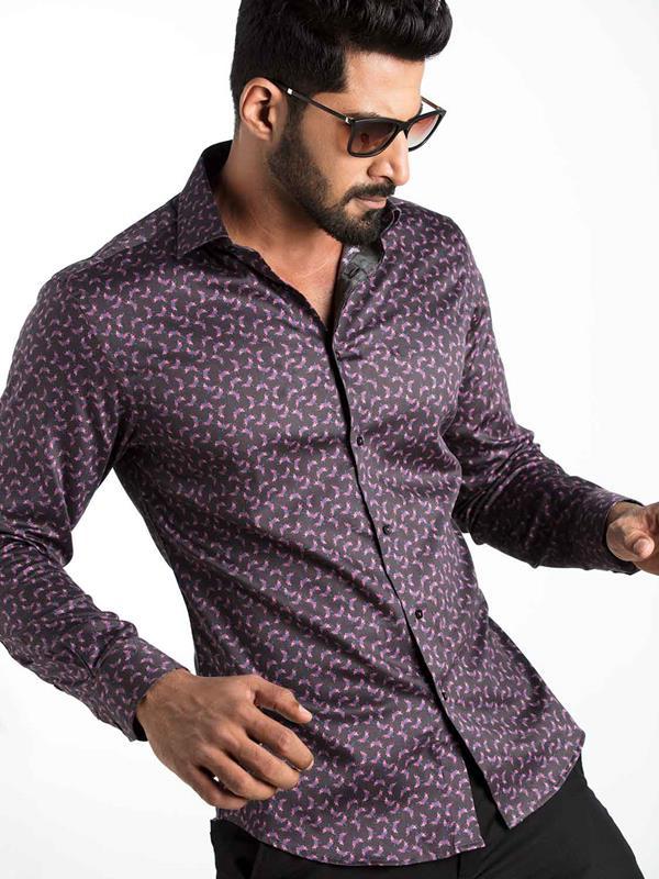 Timmi Purple Printed Full sleeve single cuff Slim Fit  Blended Shirt