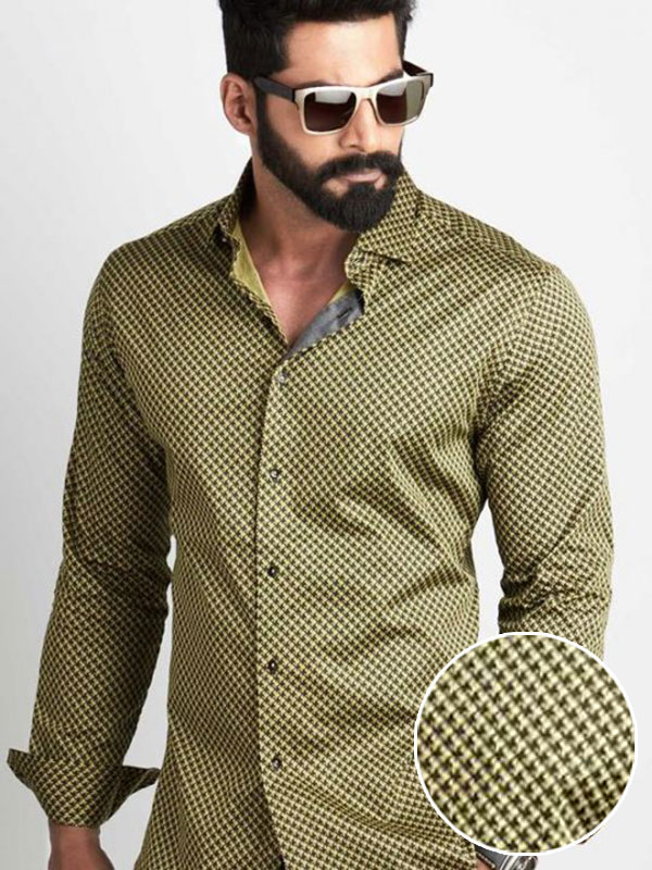 Walker Ochre Printed Full sleeve single cuff Slim Fit  Blended Shirt