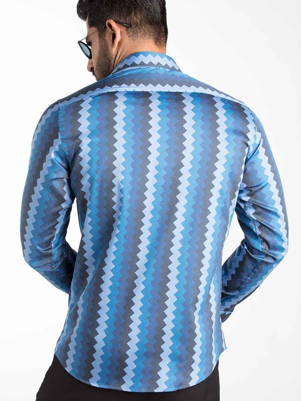 Yves Blue Printed Full sleeve single cuff Slim Fit  Blended Shirt