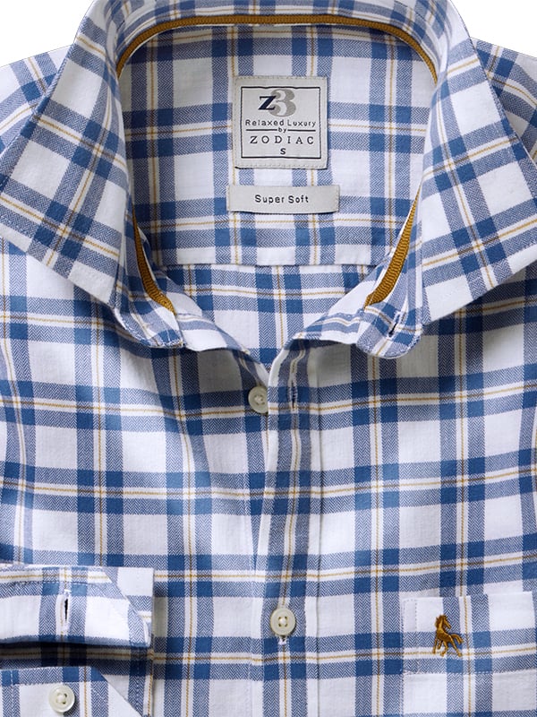Valverde Herringbone Blue Check Full Sleeve Tailored Fit Casual Cotton Shirt