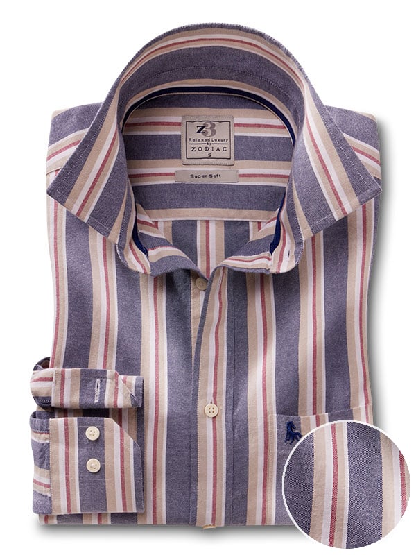 Dion Oxford Blue Striped Full Sleeve Tailored Fit Casual Cotton Shirt