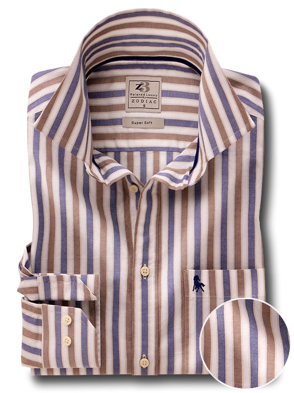 Cole Oxford Brown Striped Full Sleeve Tailored Fit Casual Cotton Shirt